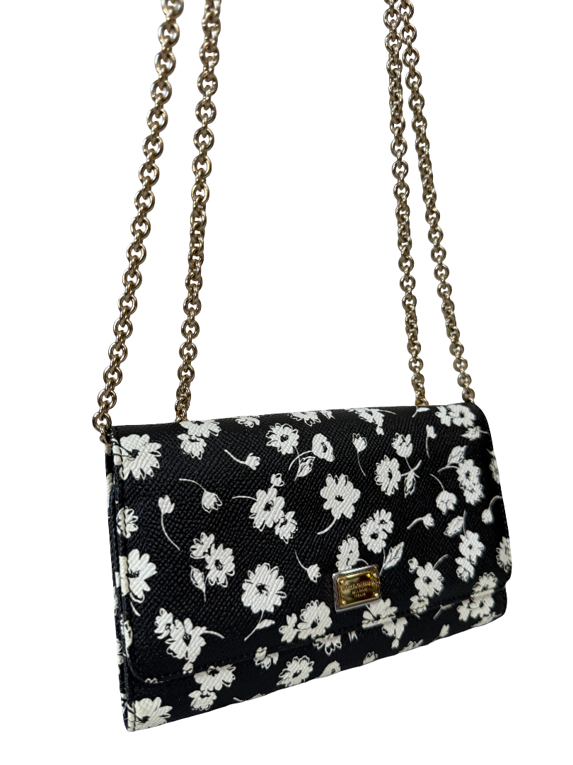 Dolce Gabbana Black/White Leather Floral Print Wallet on Chain