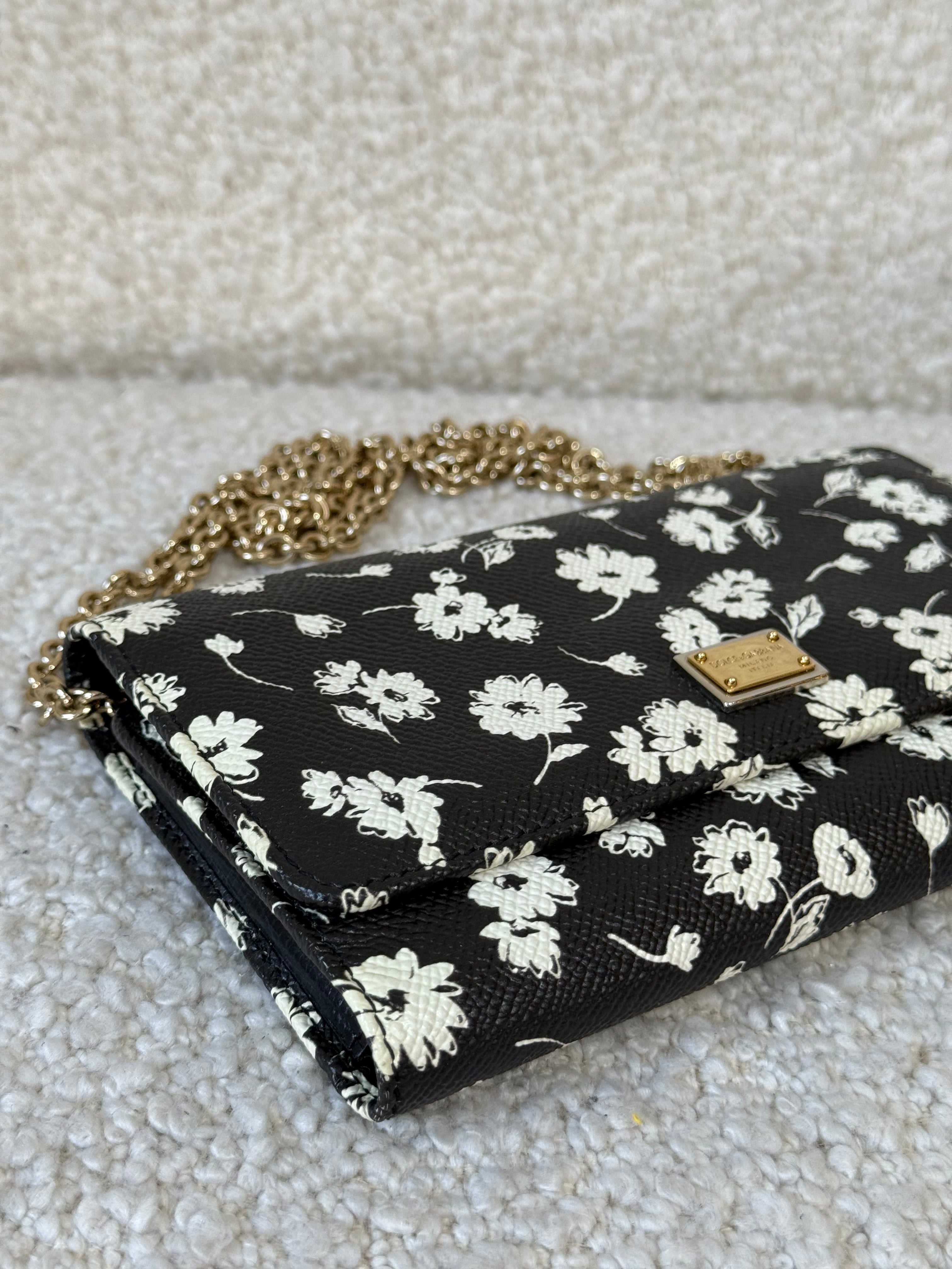 Dolce Gabbana Black/White Leather Floral Print Wallet on Chain