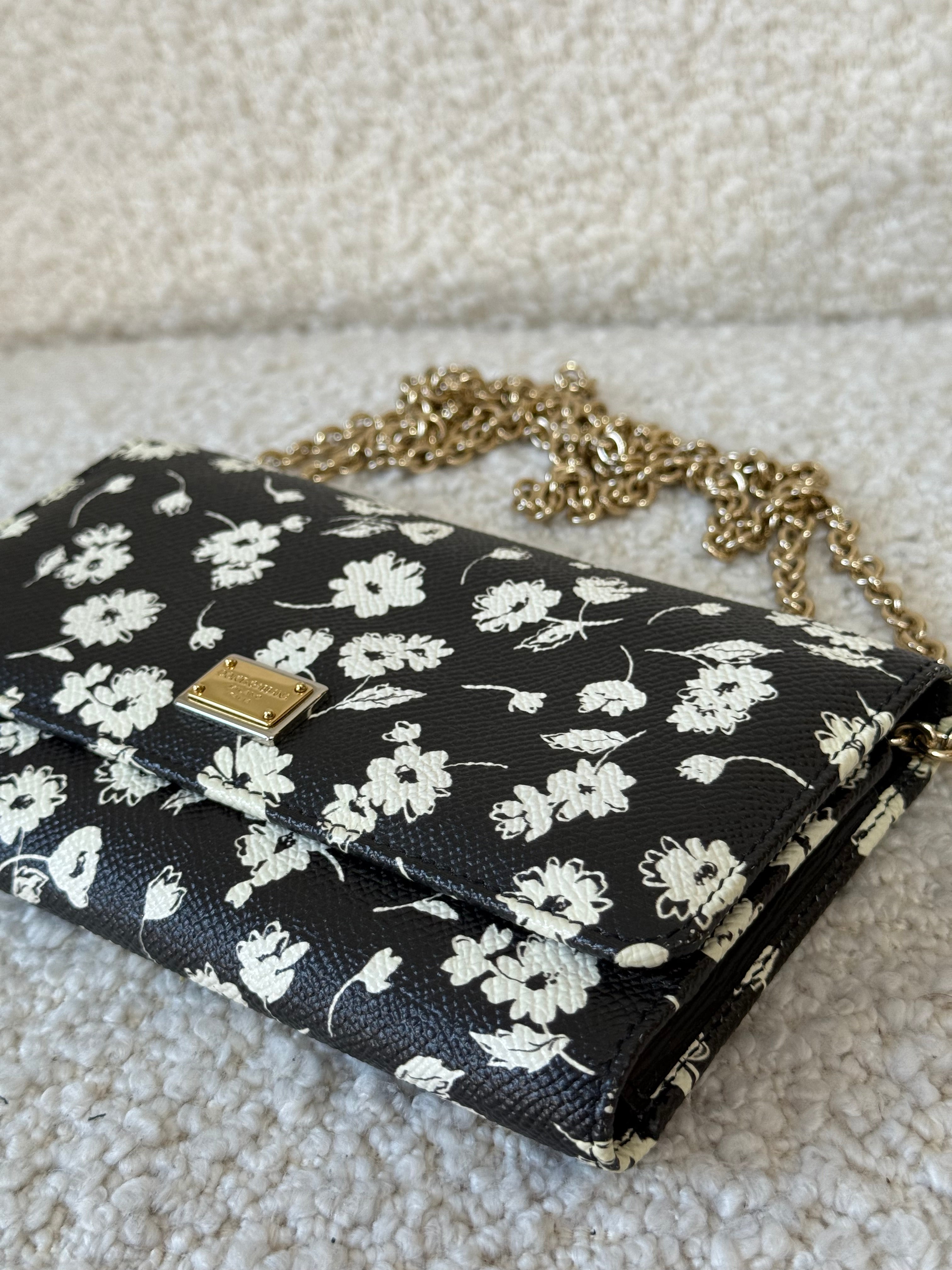 Dolce Gabbana Black/White Leather Floral Print Wallet on Chain