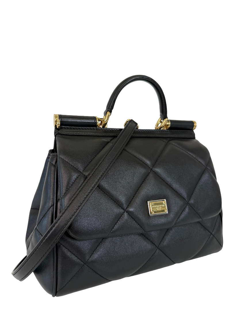 Dolce Gabbana Medium Miss Sicily Aria Black Calfskin Matelassé Top Handle Bag