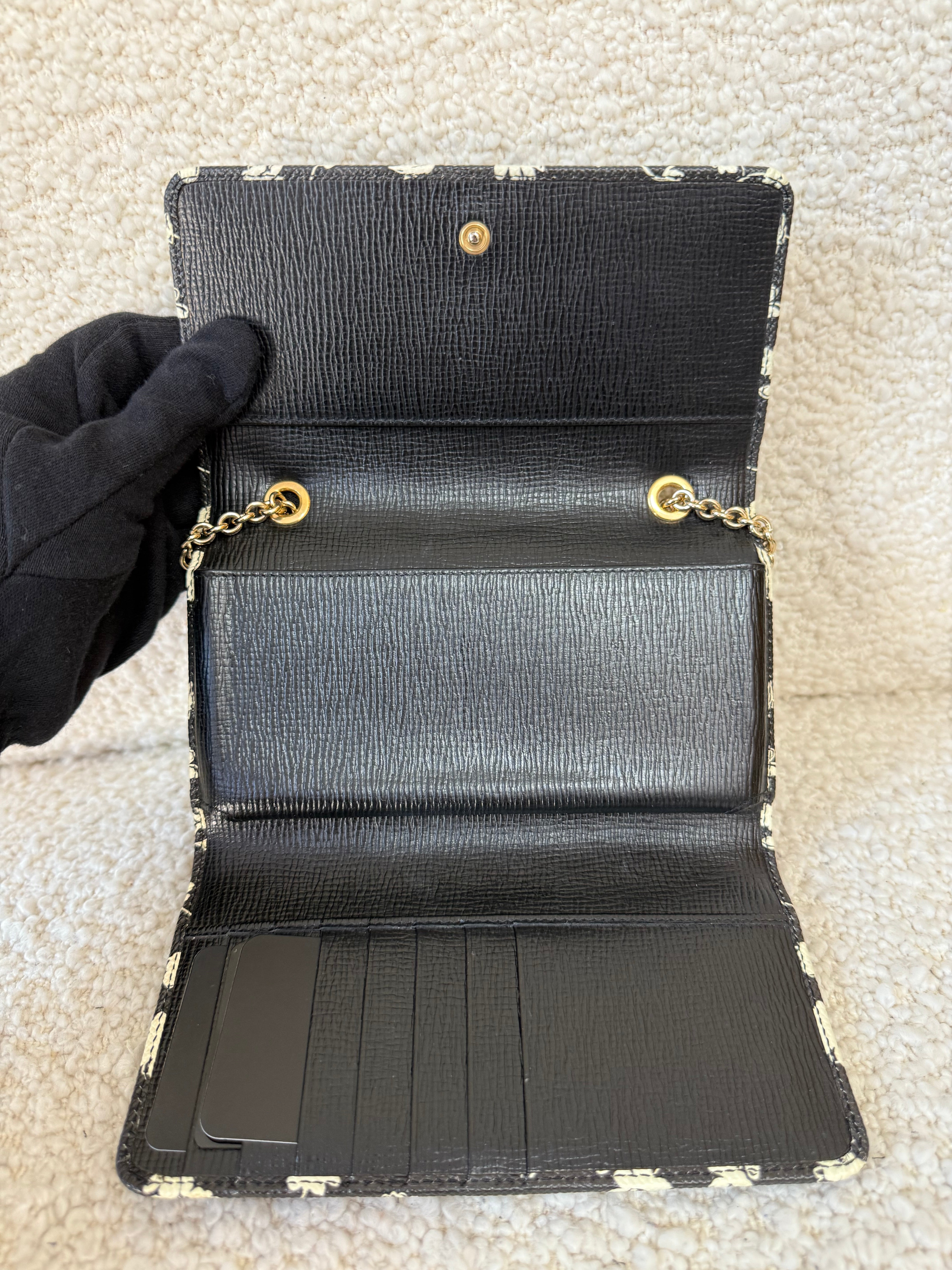 Dolce Gabbana Black/White Leather Floral Print Wallet on Chain