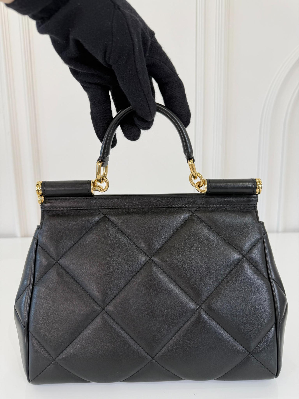 Dolce Gabbana Medium Miss Sicily Aria Black Calfskin Matelassé Top Handle Bag