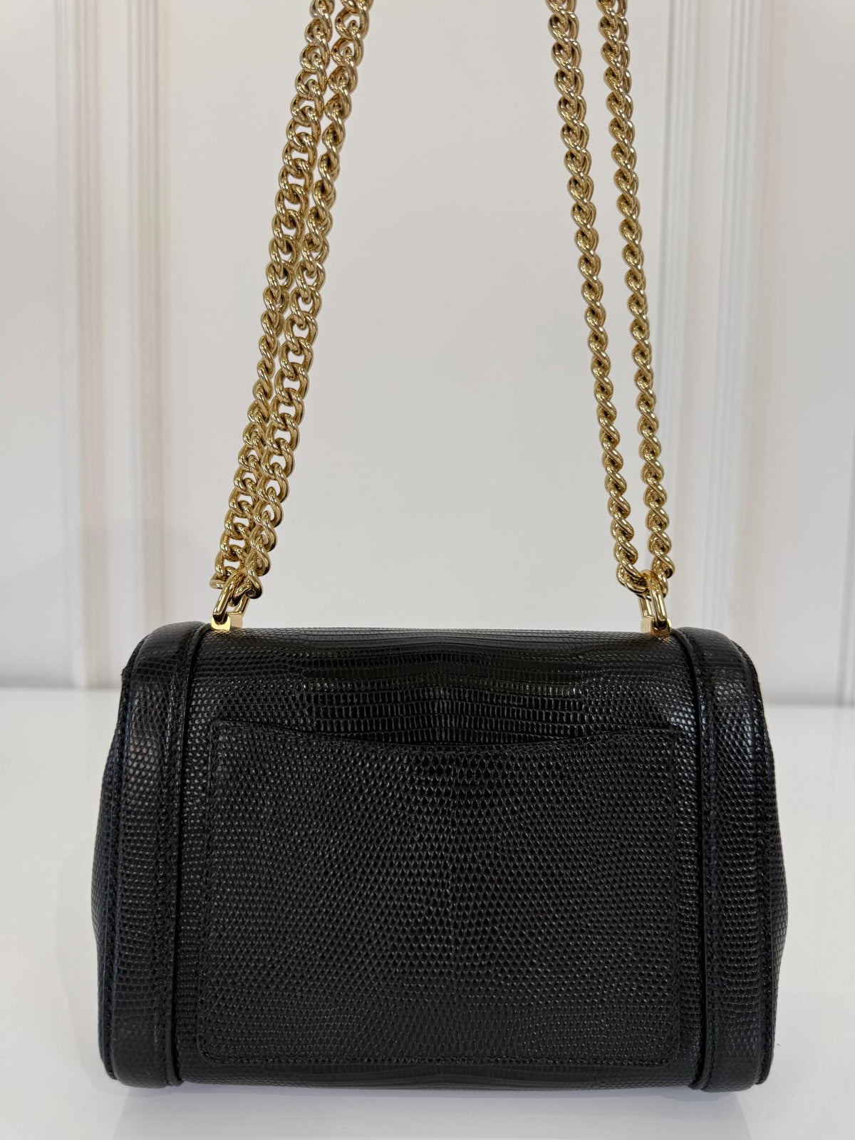 Dolce Gabbana Black Iguana Leather Padlock Shoulder Bag