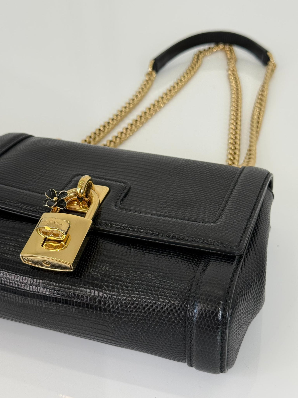 Dolce Gabbana Black Iguana Leather Padlock Shoulder Bag