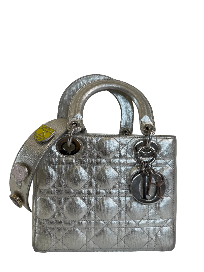 Christian Dior Silver Cannage Quilted Lambskin Leather Small Lady Dior Bag
