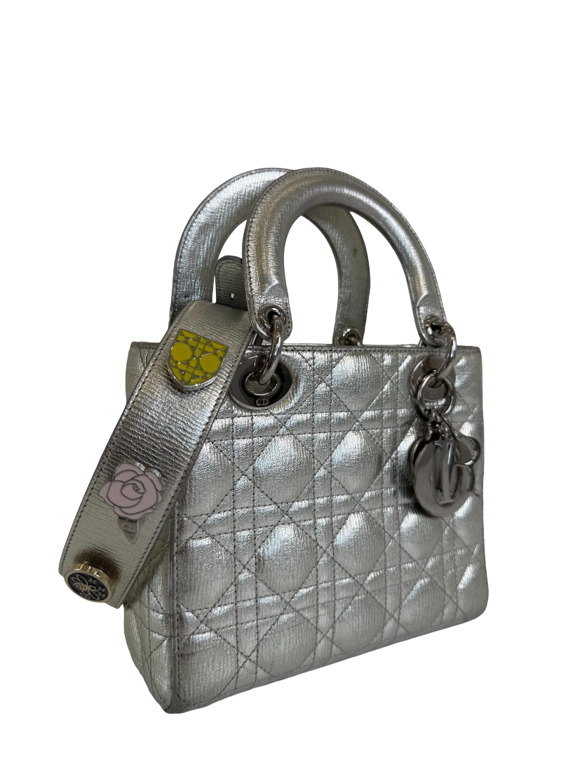 Christian Dior Silver Cannage Quilted Lambskin Leather Small Lady Dior Bag