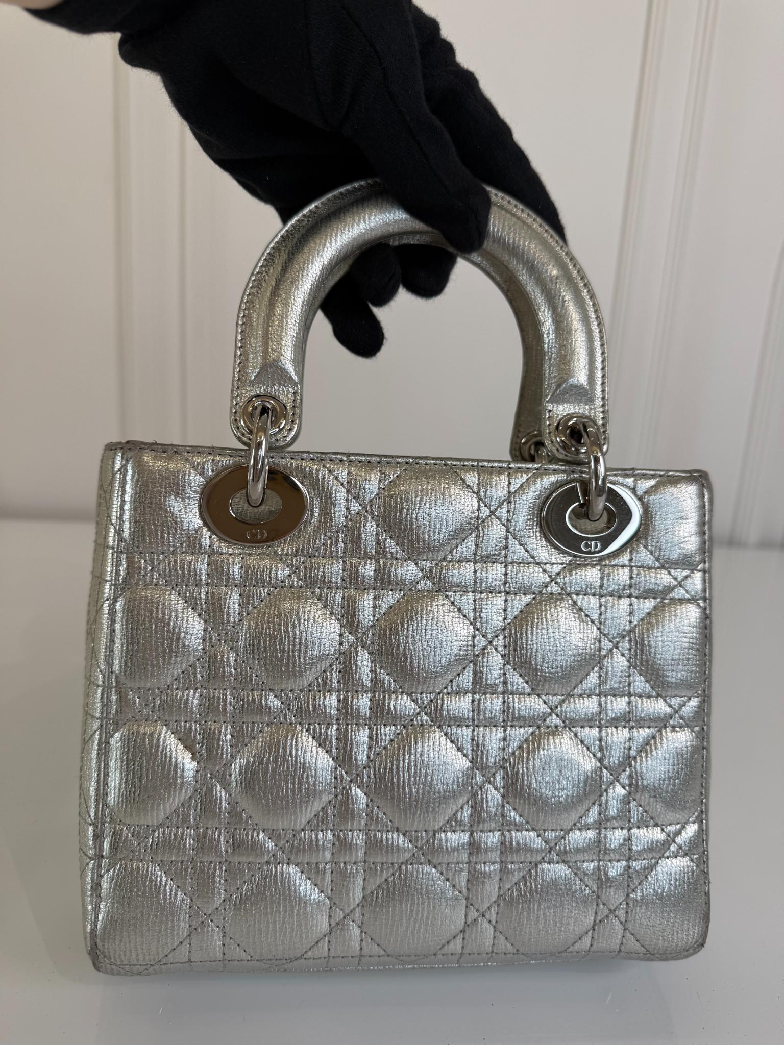 Christian Dior Silver Cannage Quilted Lambskin Leather Small Lady Dior Bag