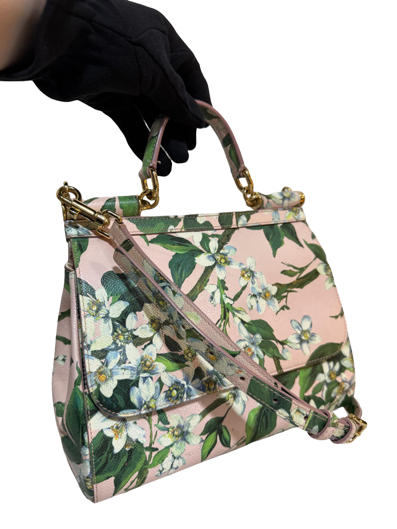 Dolce Gabbana Medium Miss Sicily Pink Dauphine Leather Floral Top Handle Bag