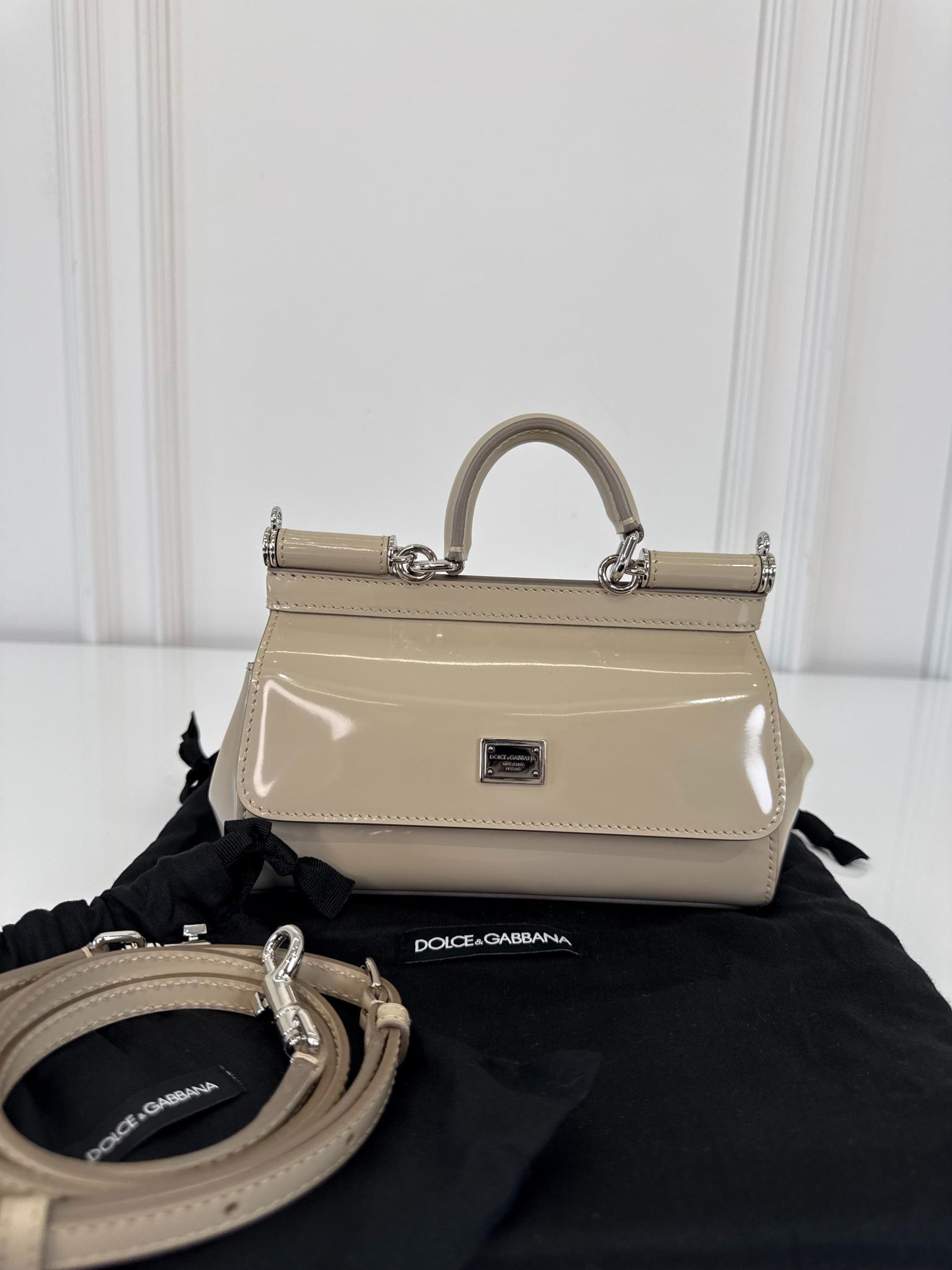 Dolce Gabbana Glossy Beige Mini Miss Sicily Top Handle Bag