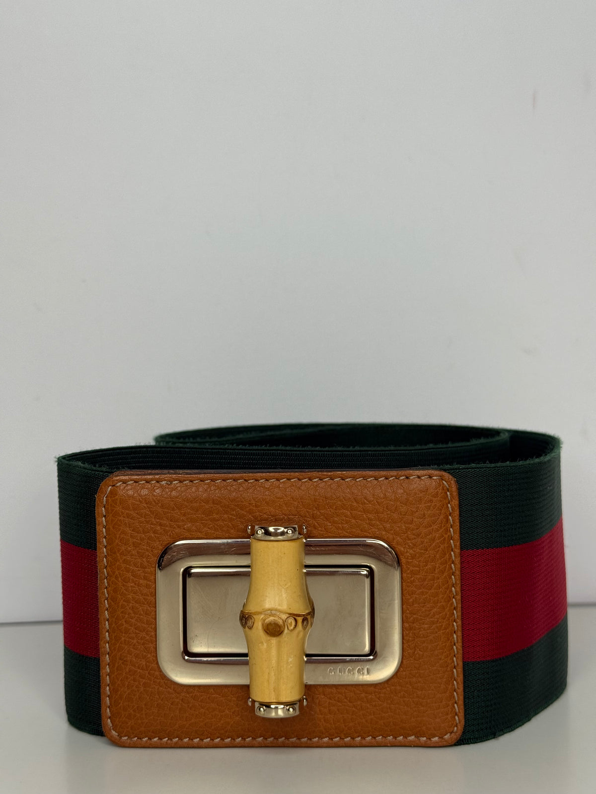Gucci Elastic Web Bamboo Canvas and Leather Waist Belt