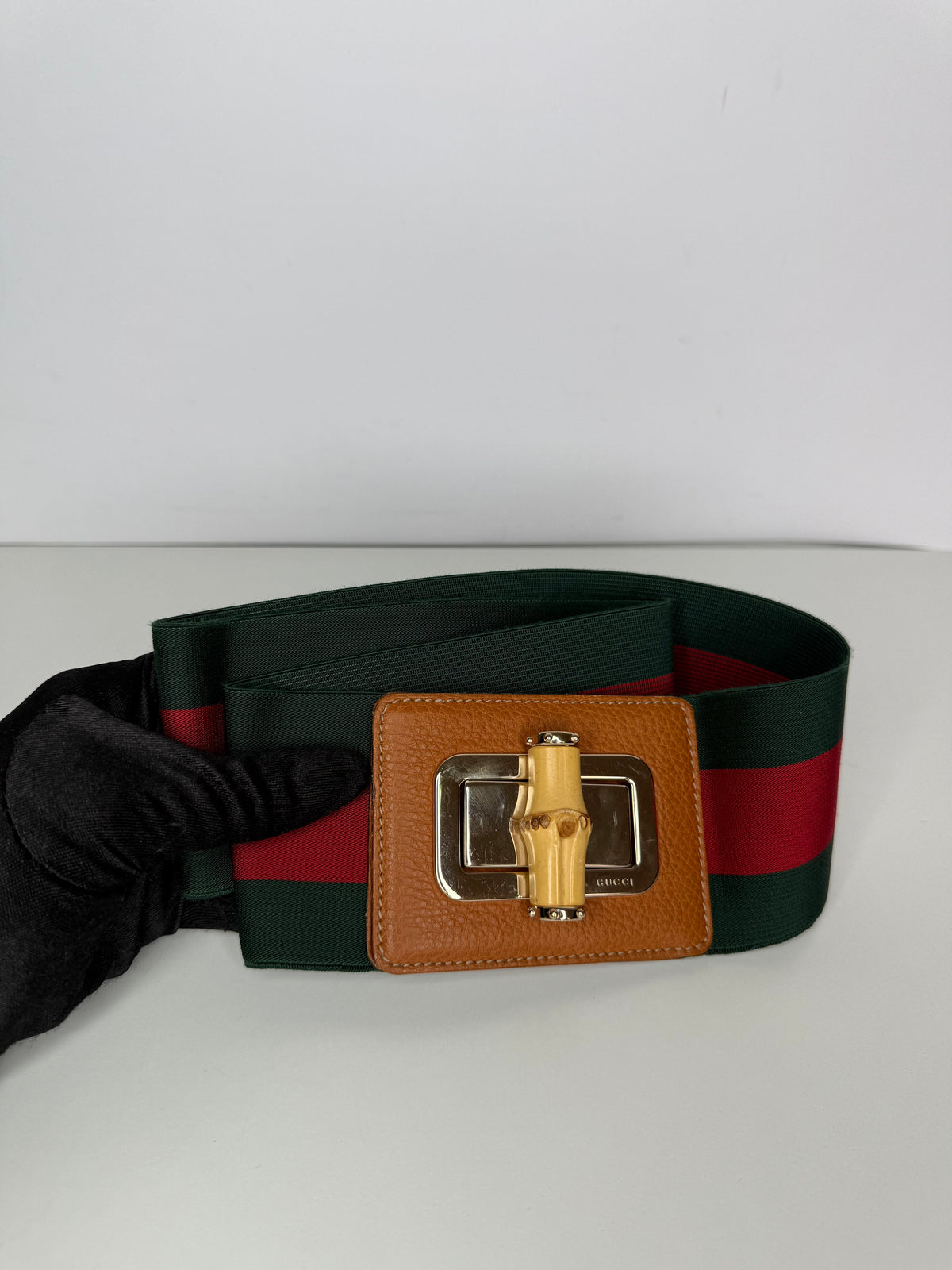Gucci Elastic Web Bamboo Canvas and Leather Waist Belt