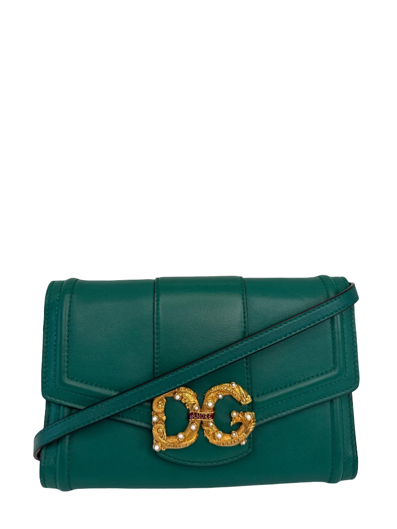 Dolce Gabbana DG Amore Green Calfskin Leather Wallet On Chain