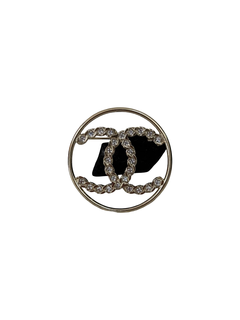 Chanel Crystal Round CC Brooch Light Gold