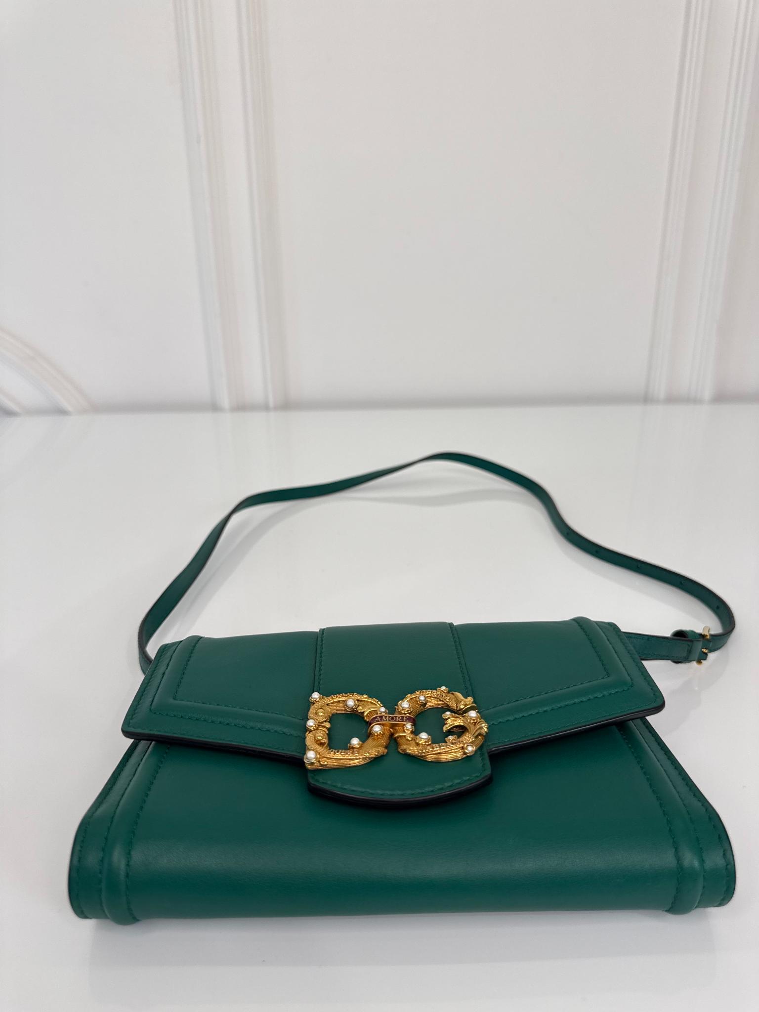 Dolce Gabbana DG Amore Green Calfskin Leather Wallet On Chain