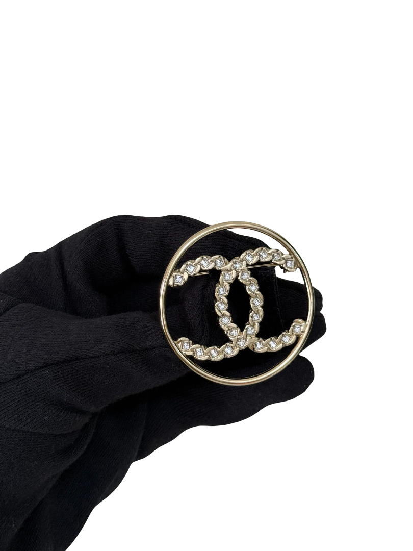 Chanel Crystal Round CC Brooch Light Gold