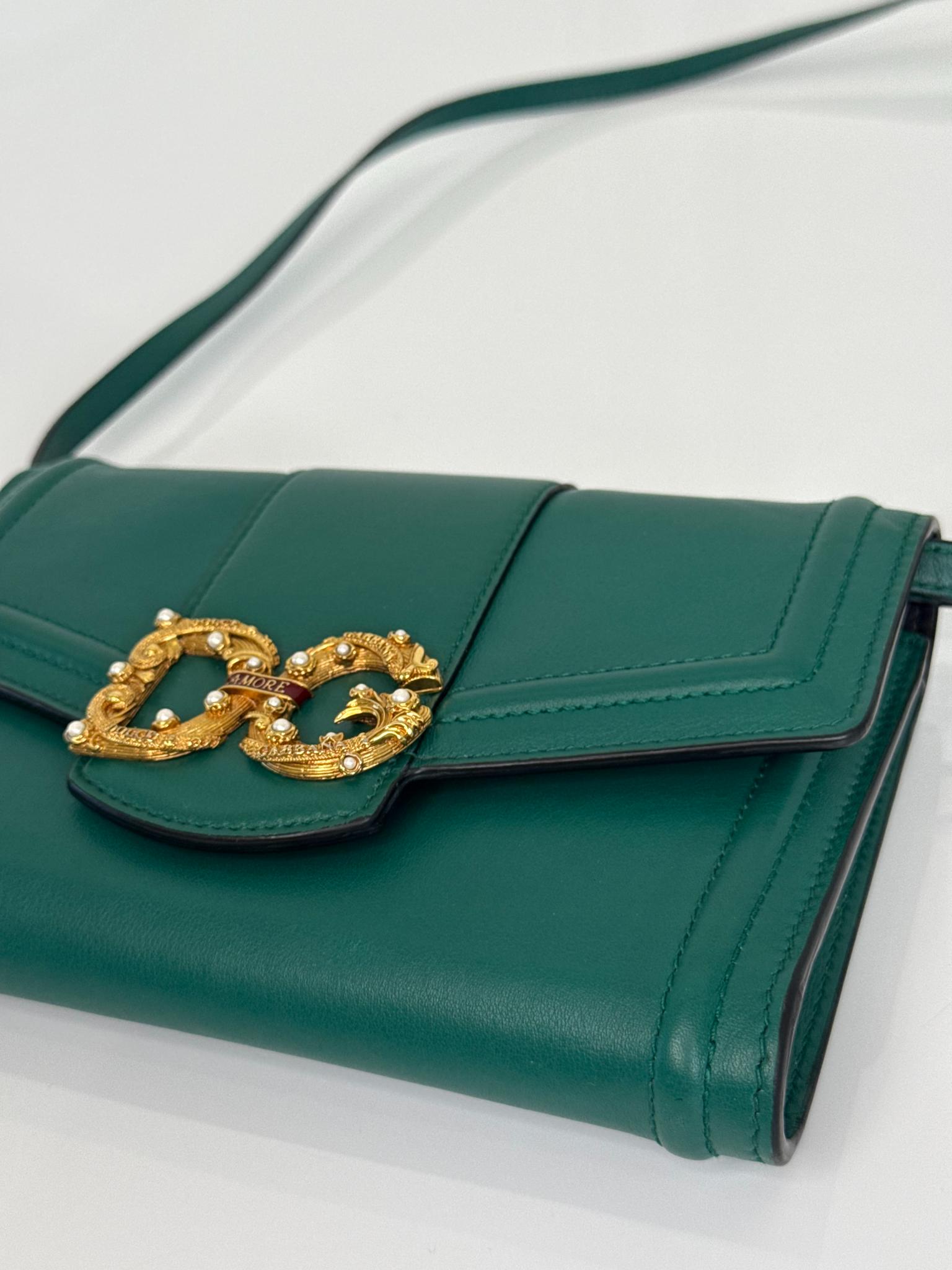 Dolce Gabbana DG Amore Green Calfskin Leather Wallet On Chain