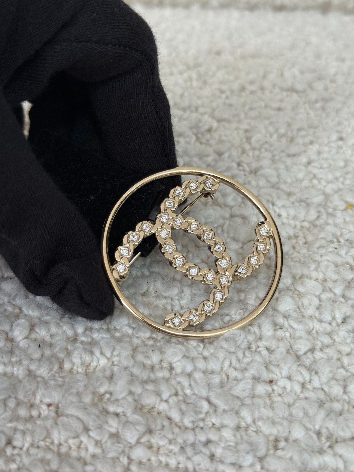 Chanel Crystal Round CC Brooch Light Gold