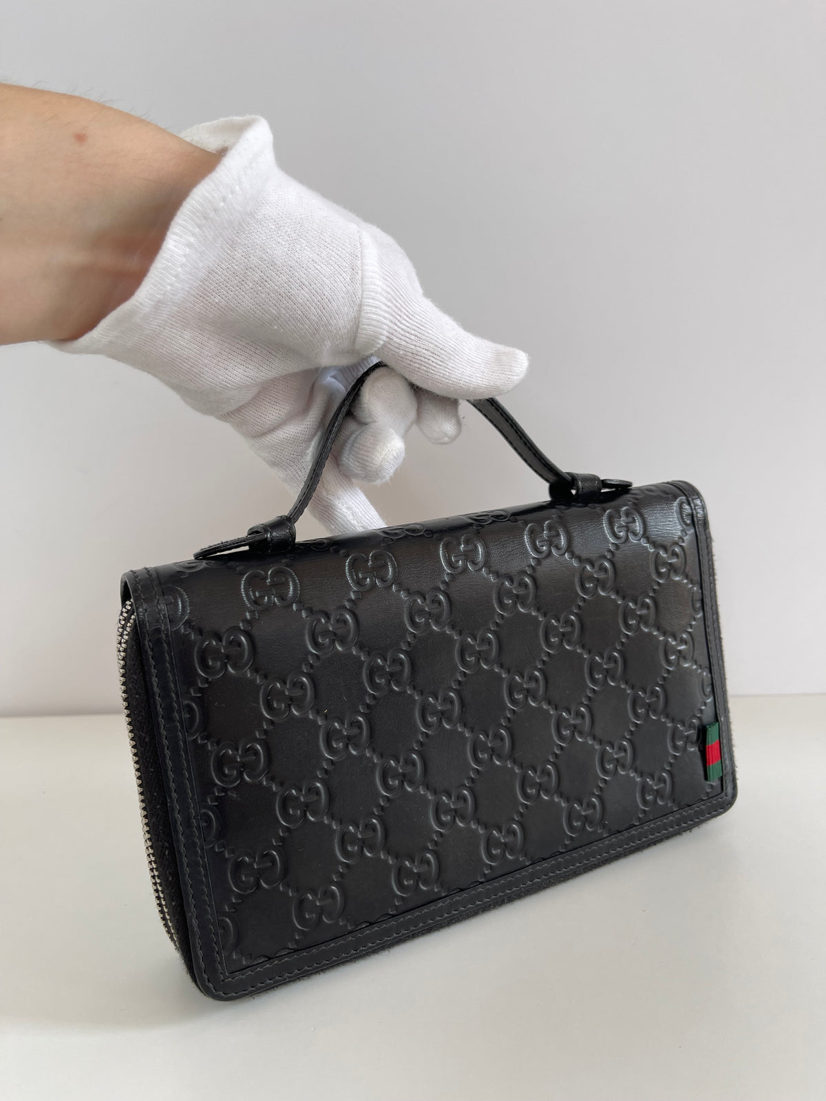 Gucci Black Guccissima Leather Zip Around Pouch