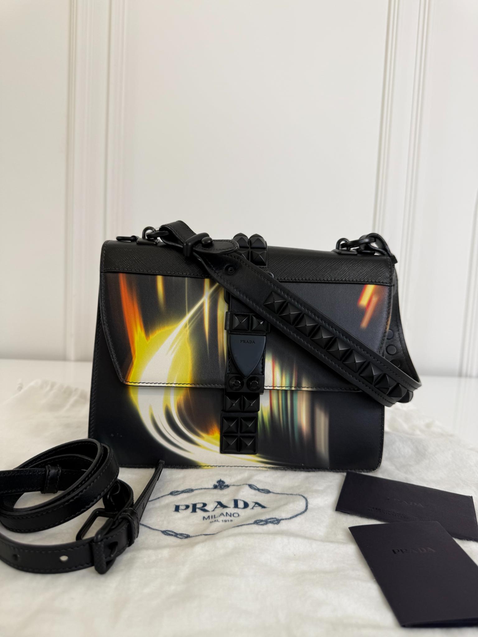 Prada Saffiano City Lights Print Studded Elektra Shoulder Bag