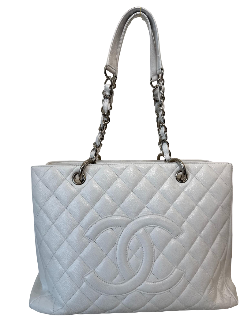 Chanel White Quilted Caviar Leather Grand Shopping Tote