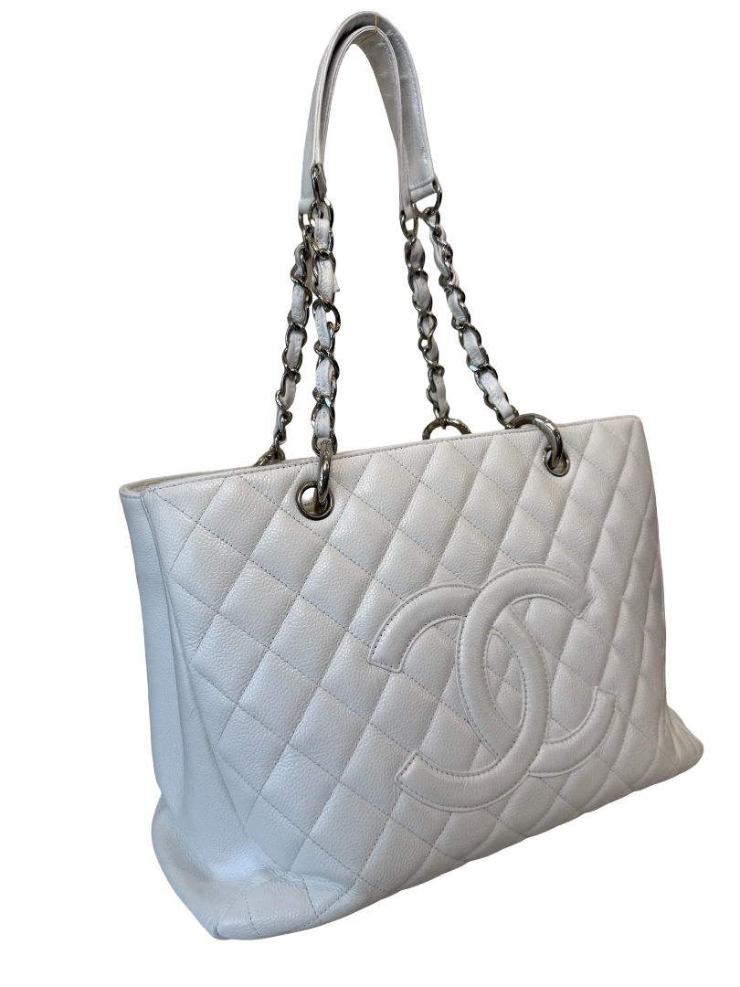 Chanel White Quilted Caviar Leather Grand Shopping Tote