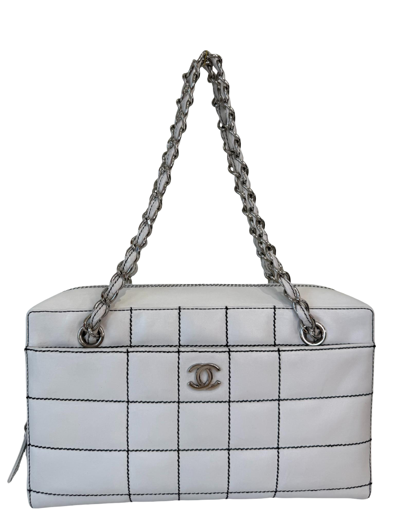 Chanel Lambskin Stitched Chocolate Bar White Shoulder Bag