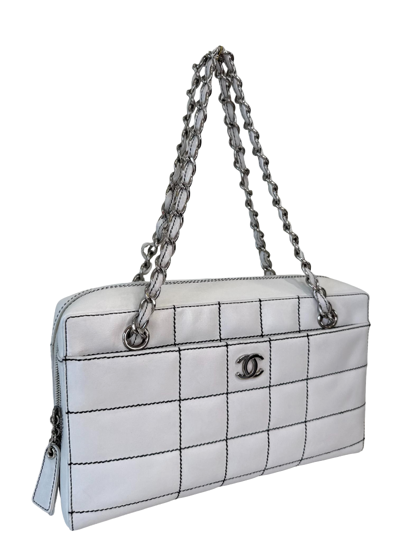 Chanel Lambskin Stitched Chocolate Bar White Shoulder Bag