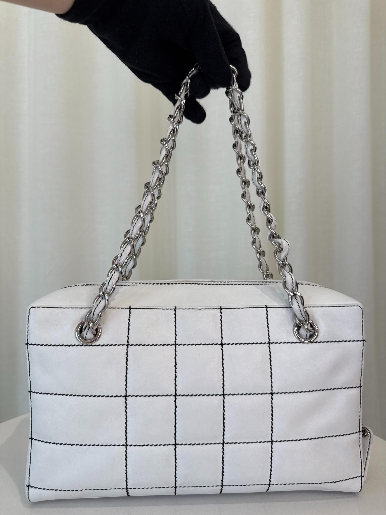 Chanel Lambskin Stitched Chocolate Bar White Shoulder Bag