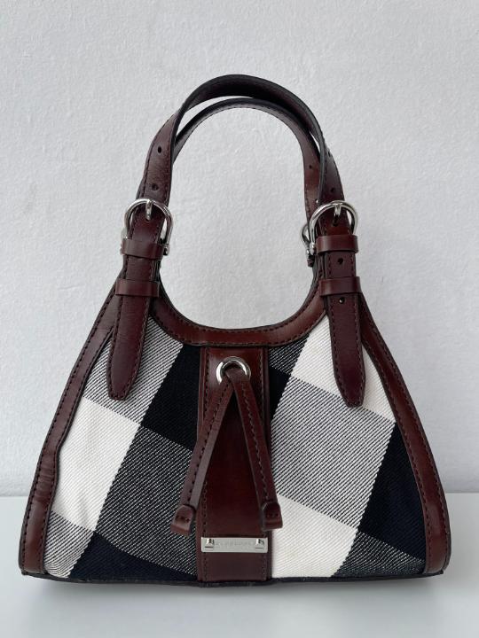 Burberry Brown Leather Check Canvas Hobo Bag