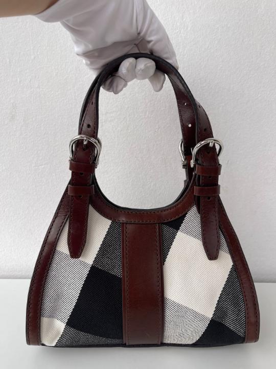 Burberry Brown Leather Check Canvas Hobo Bag