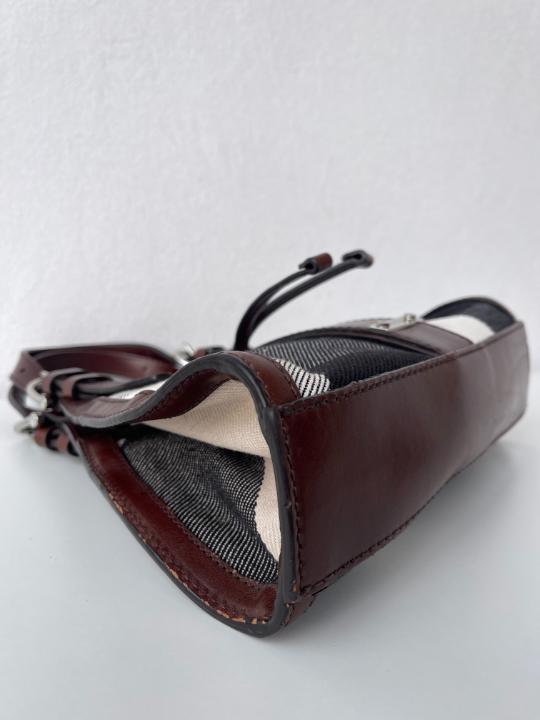 Burberry Brown Leather Check Canvas Hobo Bag