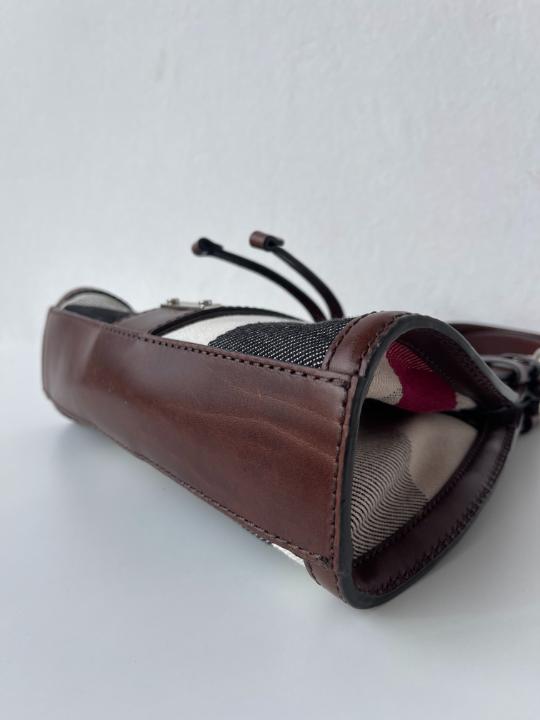 Burberry Brown Leather Check Canvas Hobo Bag