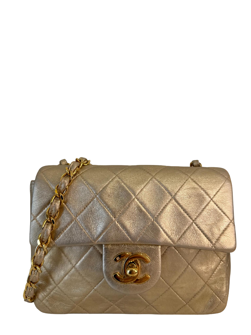Chanel Vintage Classic Mini Square Metallic Gold Lambskin 24K Gold Plated
