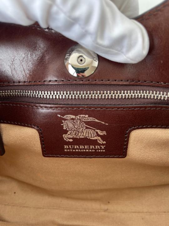 Burberry Brown Leather Check Canvas Hobo Bag