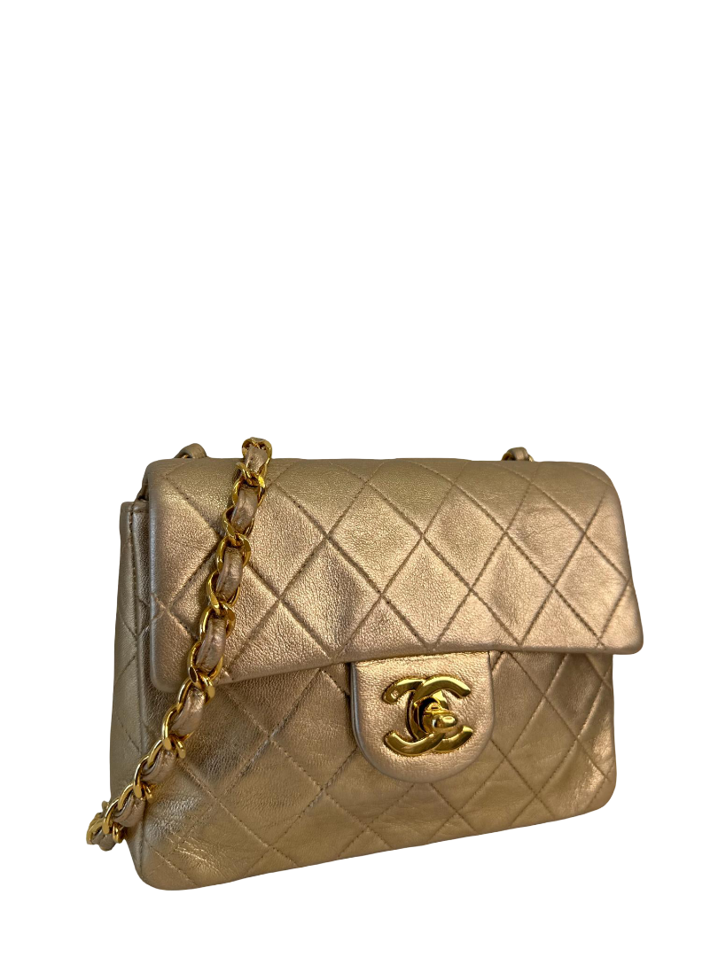 Chanel Vintage Classic Mini Square Metallic Gold Lambskin 24K Gold Plated