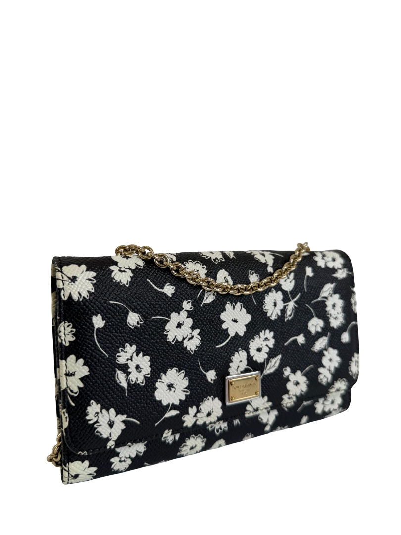 Dolce Gabbana Black/White Leather Floral Print Wallet on Chain