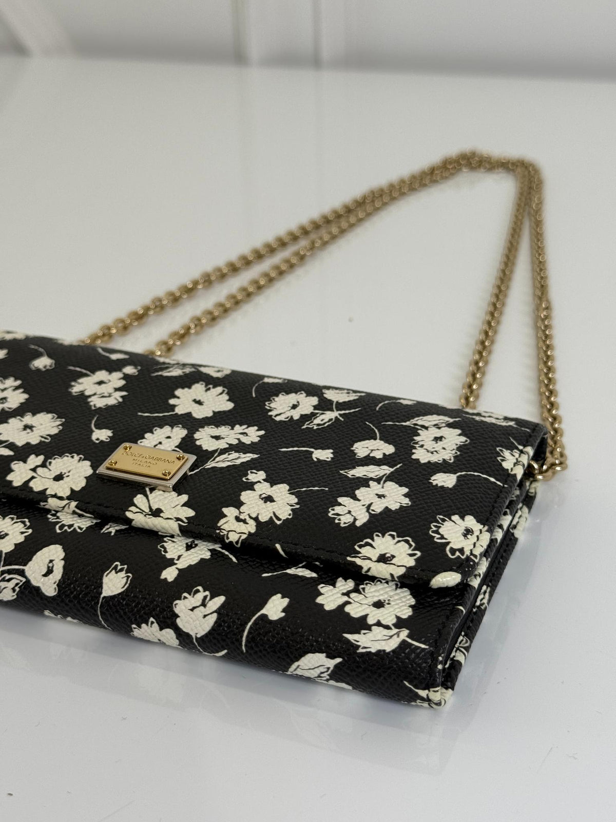 Dolce Gabbana Black/White Leather Floral Print Wallet on Chain