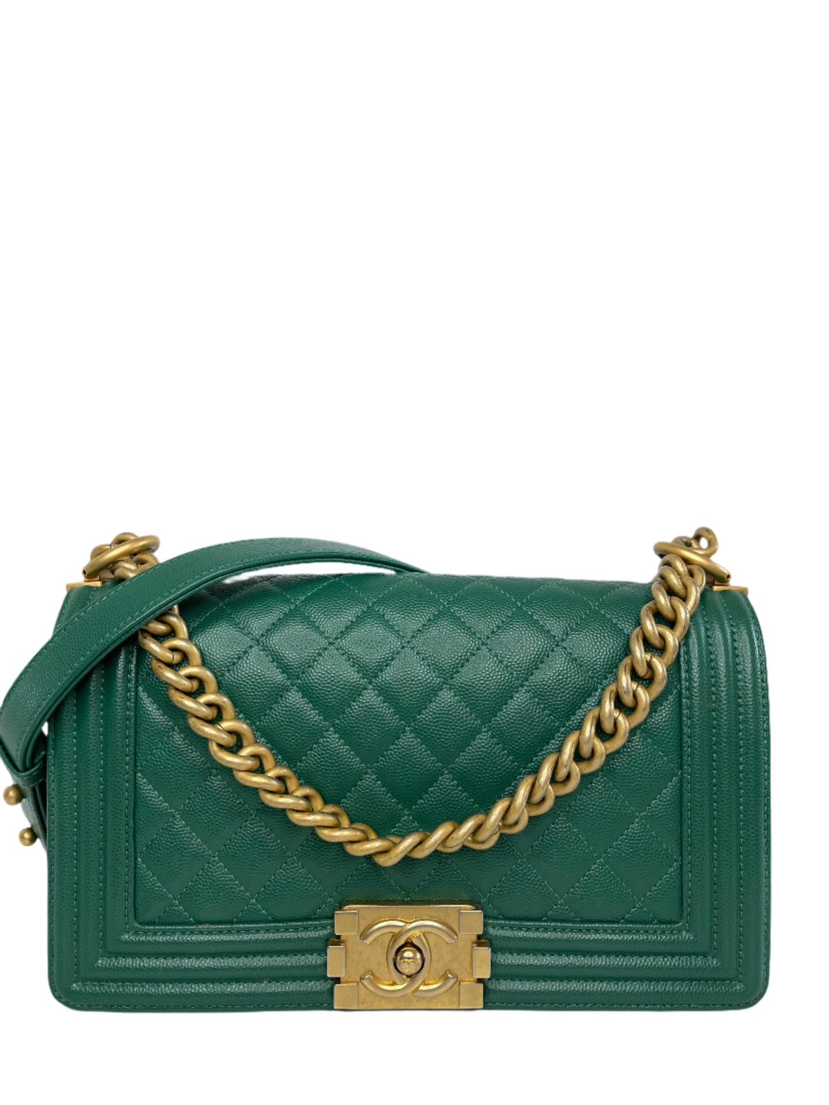 Chanel Green Medium Boy Caviar Leather Antique Gold Hardware