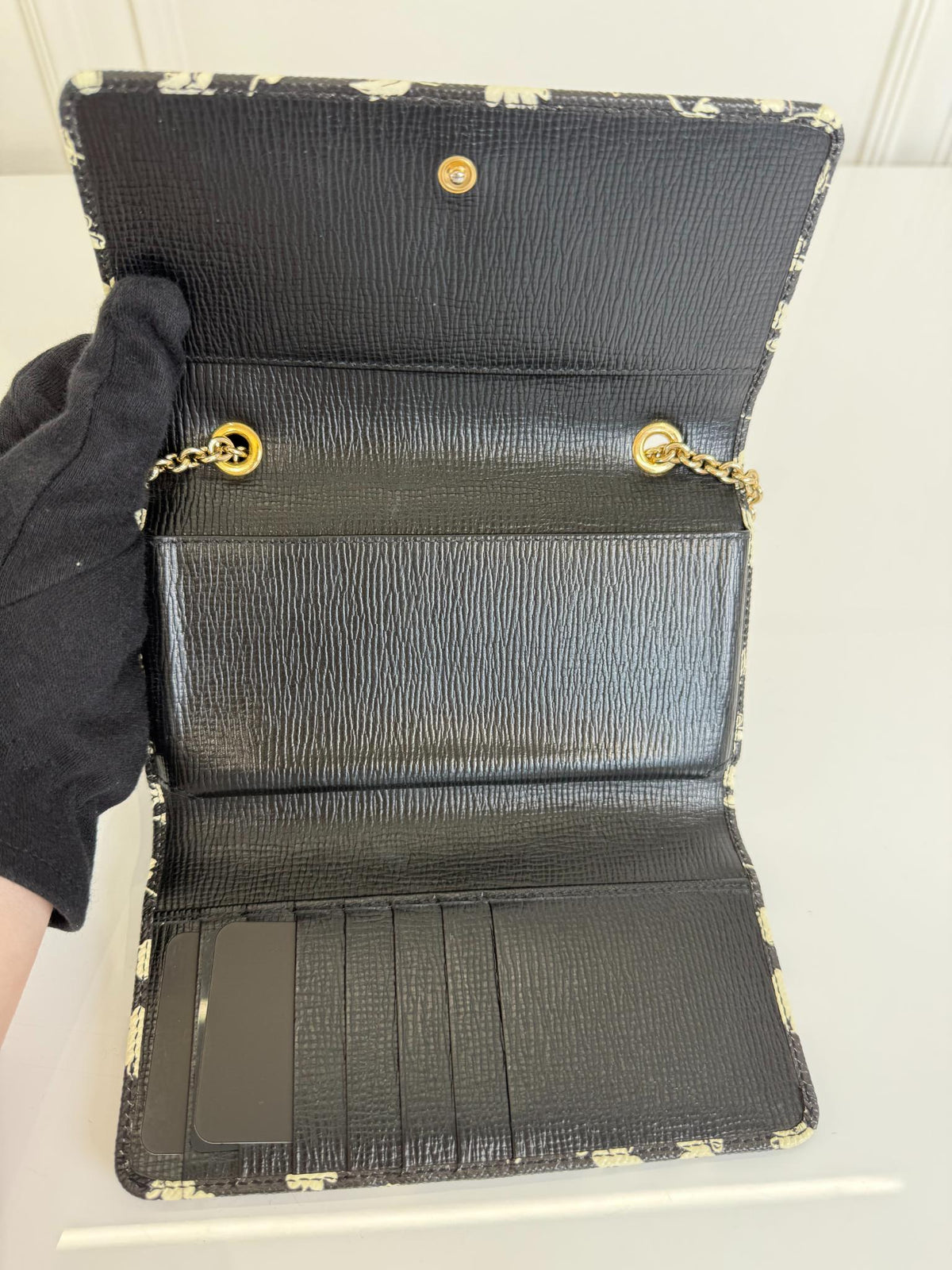 Dolce Gabbana Black/White Leather Floral Print Wallet on Chain