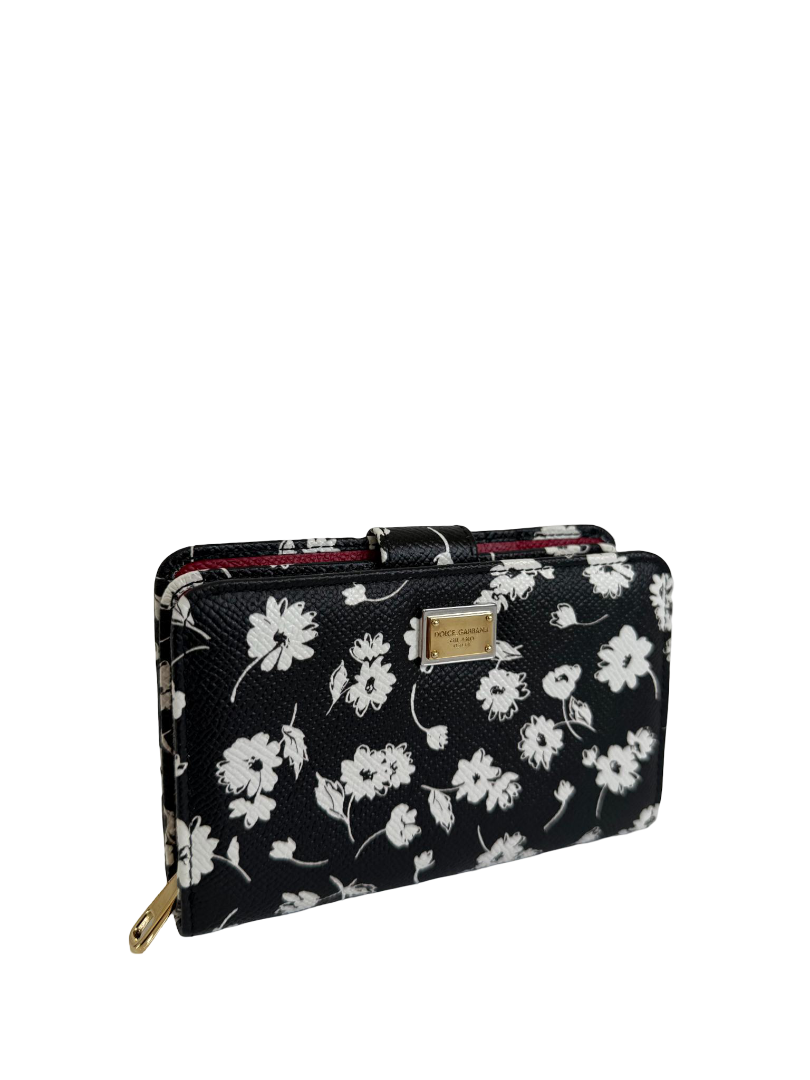 Dolce Gabbana Black/White Leather Floral Print Wallet