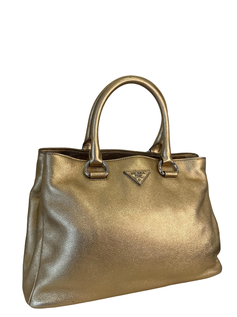 Prada Medium Executive Gold Metallic Leather Double Zip Tote