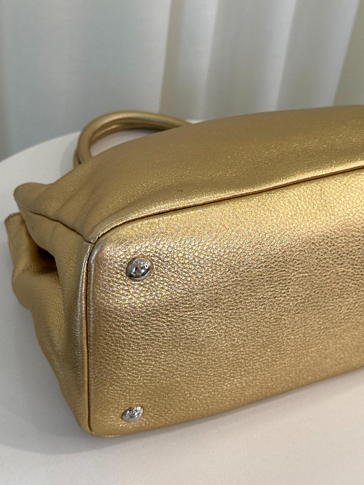 Prada Medium Executive Gold Metallic Leather Double Zip Tote