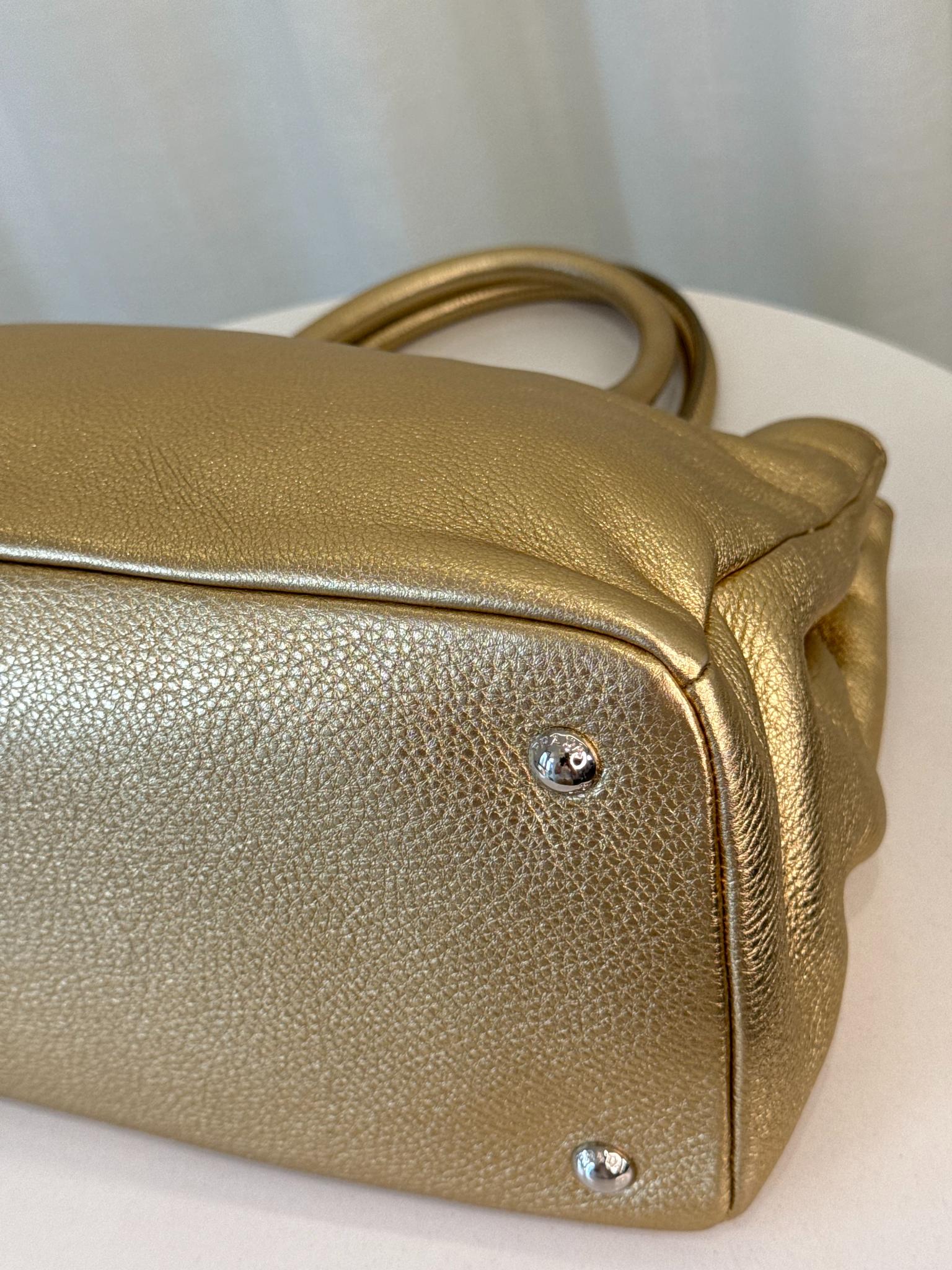 Prada Medium Executive Gold Metallic Leather Double Zip Tote