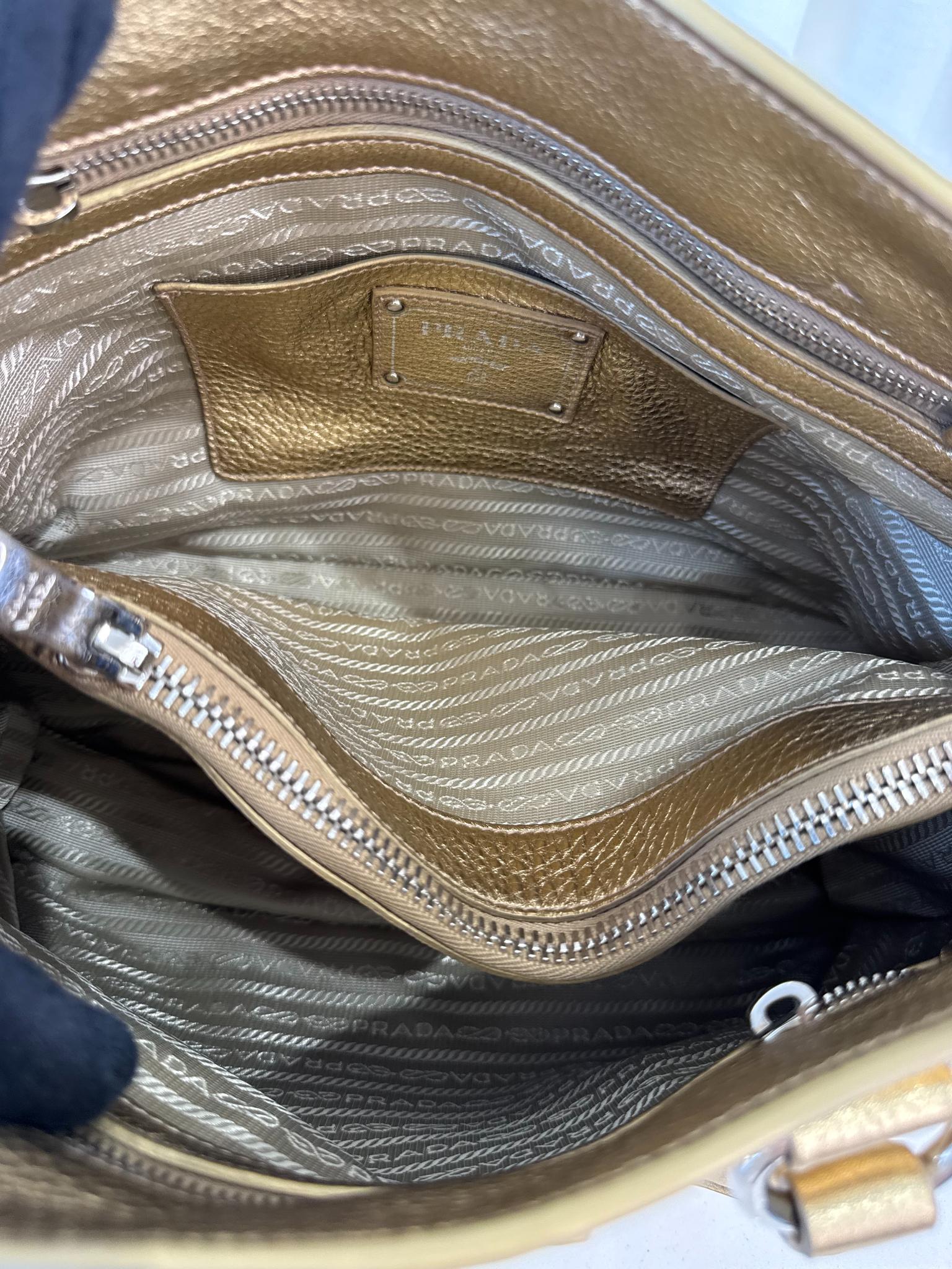 Prada Medium Executive Gold Metallic Leather Double Zip Tote