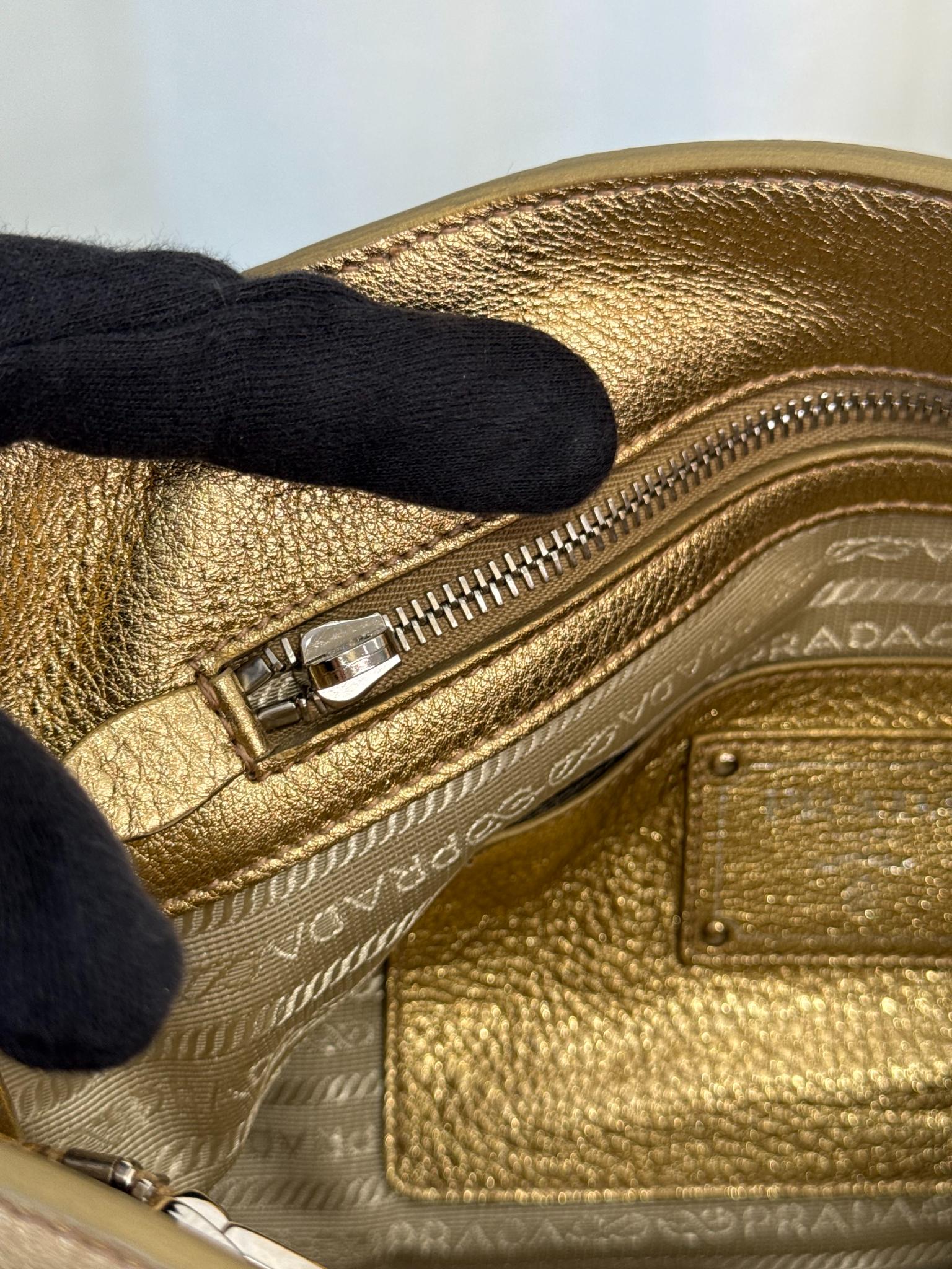 Prada Medium Executive Gold Metallic Leather Double Zip Tote