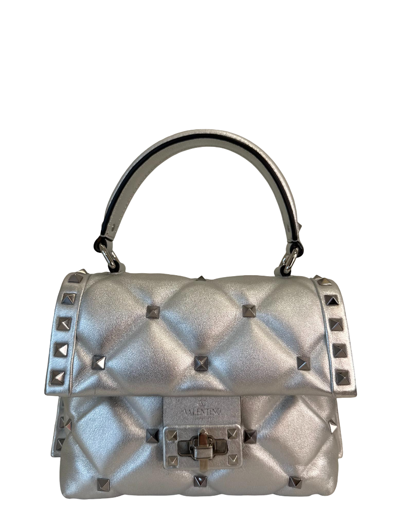 Valentino Metallic Silver Quilted Leather Mini Candystud Top Handle Bag