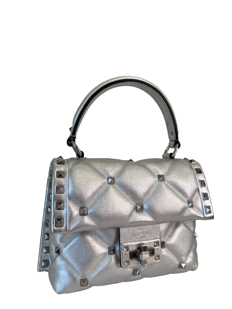 Valentino Metallic Silver Quilted Leather Mini Candystud Top Handle Bag