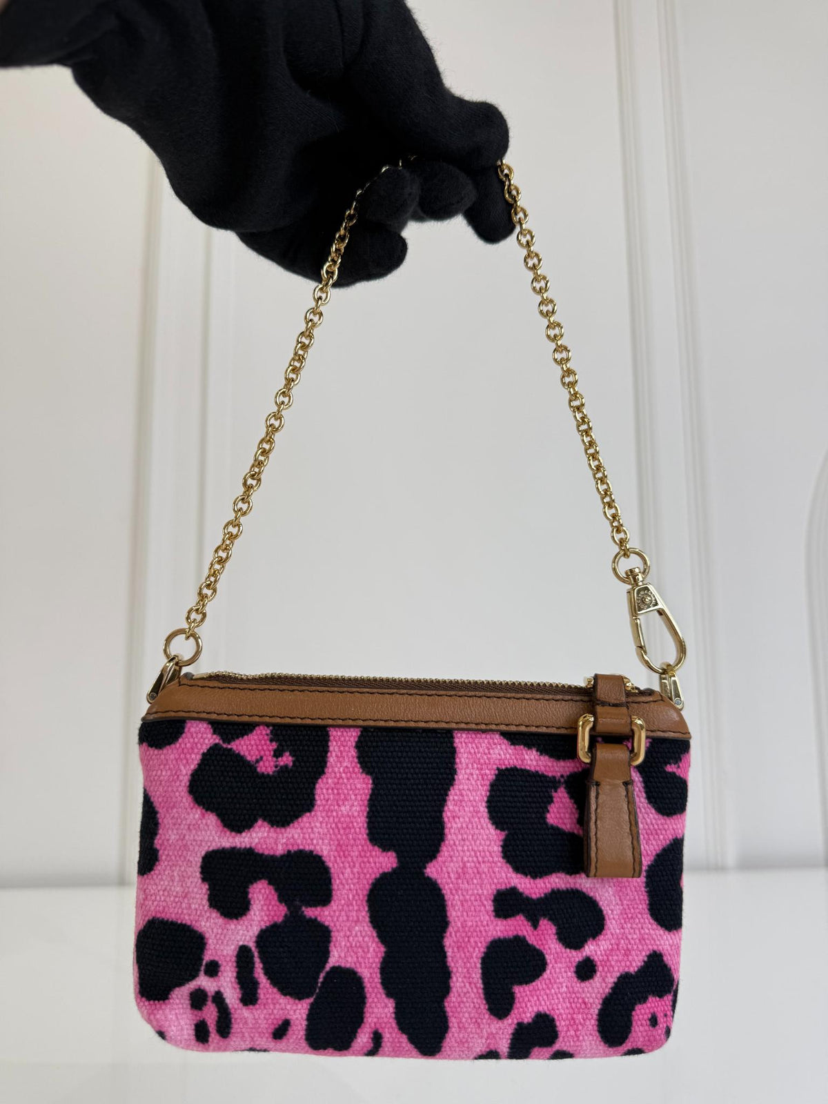 Dolce Gabbana Brown/Pink Leopard Print Canvas Wristlet Clutch