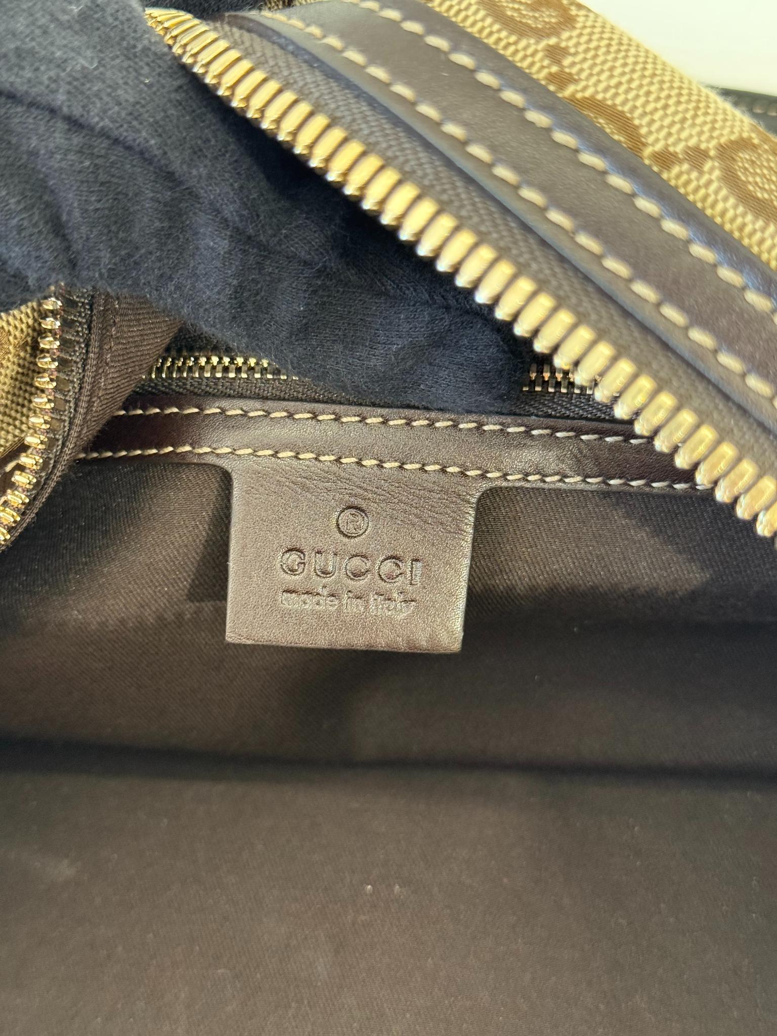 Gucci Beige/Ebony GG Fabric Bamboo Horsebit Medium Wave Boston Bag