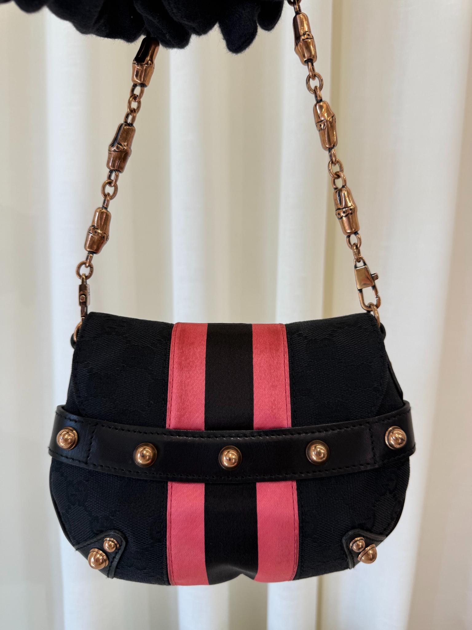 Gucci by Tom Ford Black GG Canvas Horsebit Chain Pink Stripe